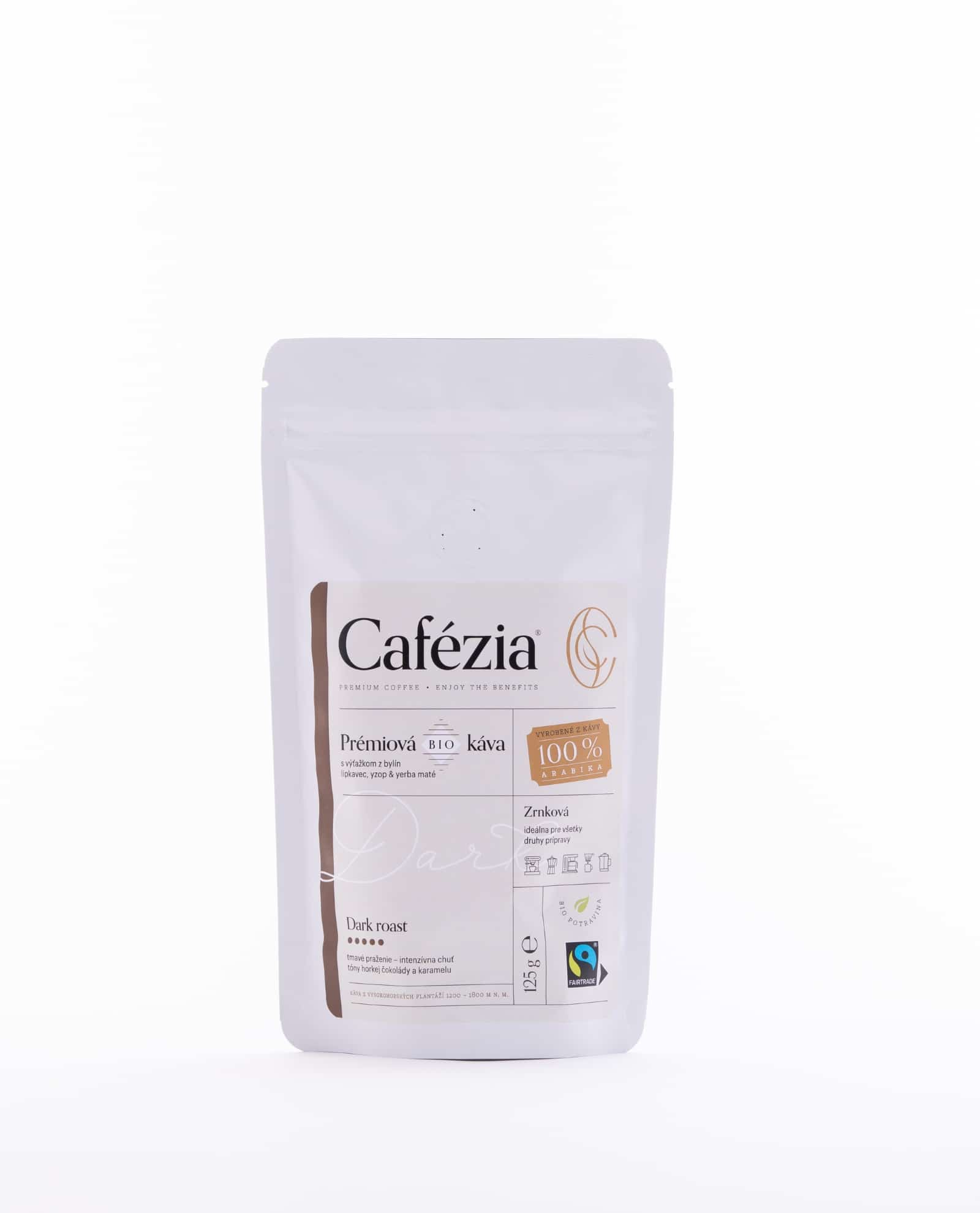 francúzsky typ kávy, bio, 100% arabika, Dark Roast 125g BIO balenie Cafézia