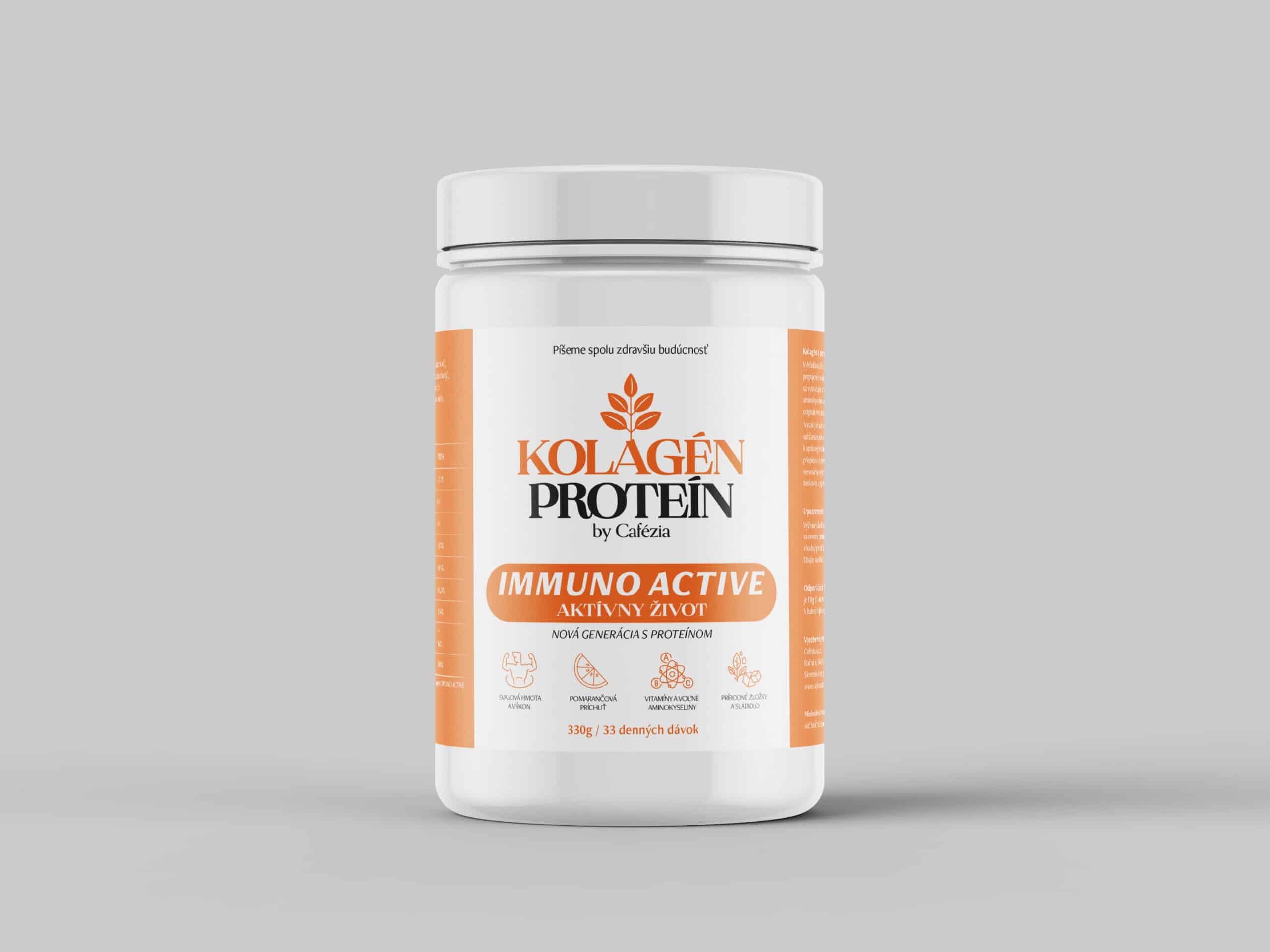 IMMUNO ACTIVE by Cafézia – kolagénový komplex s hydrolyzovanými kolagénovými peptidmi, aminokyselinami, vitamínmi a rastlinnými extraktmi pre aktívny životný štýl.